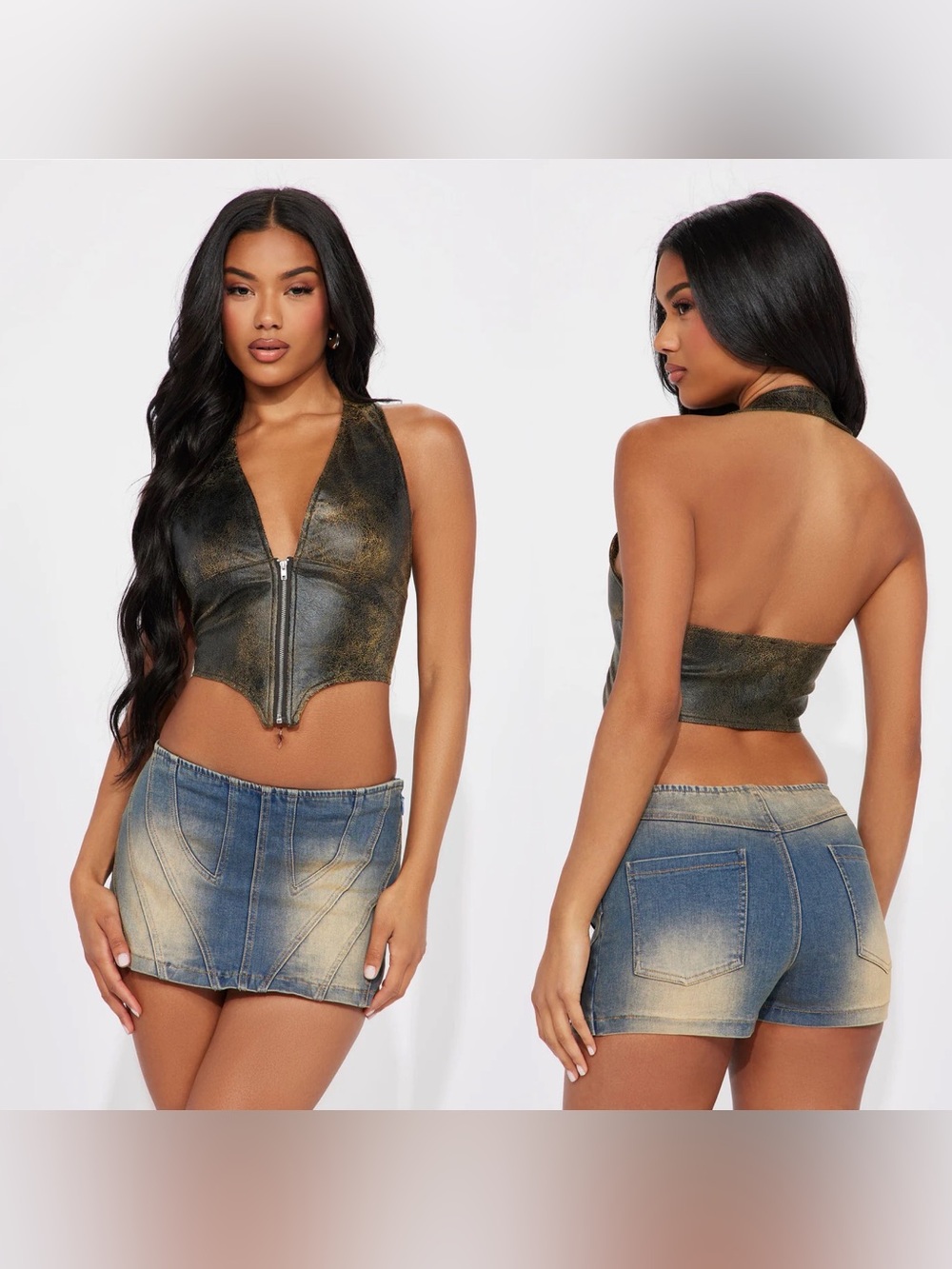 Faux Leather Brown/Tan Halter Zip Front Crop Top | NWOT (altered) | L